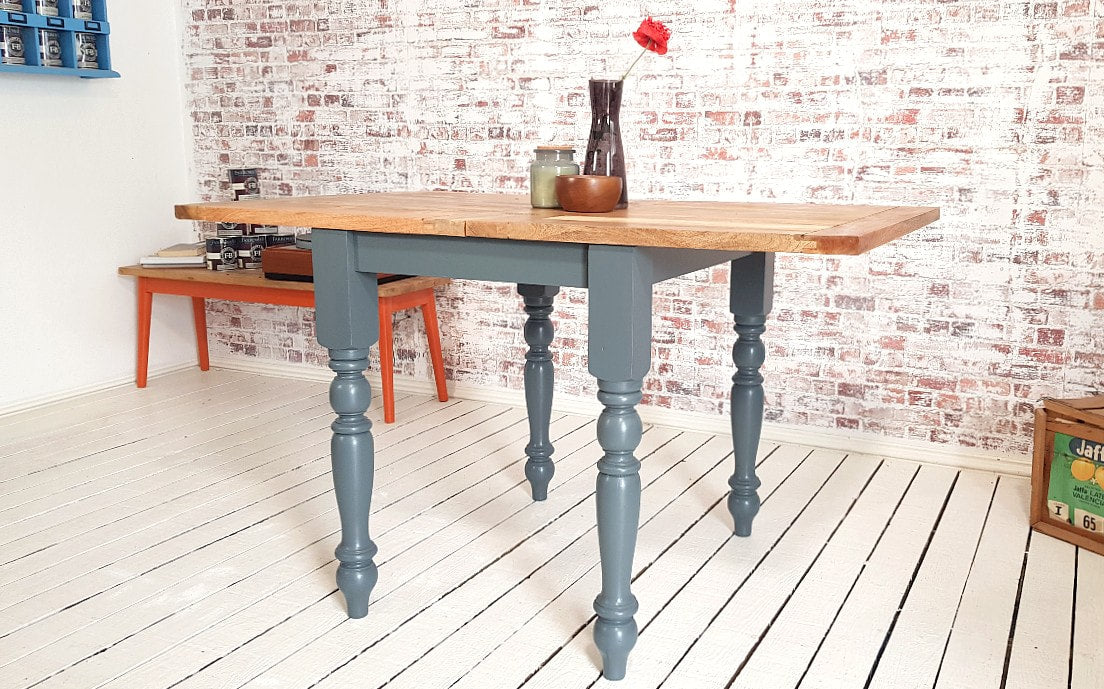 Petite Turned Leg Extending Rustic Farmhouse Kitchen Dining Table Painted Finish