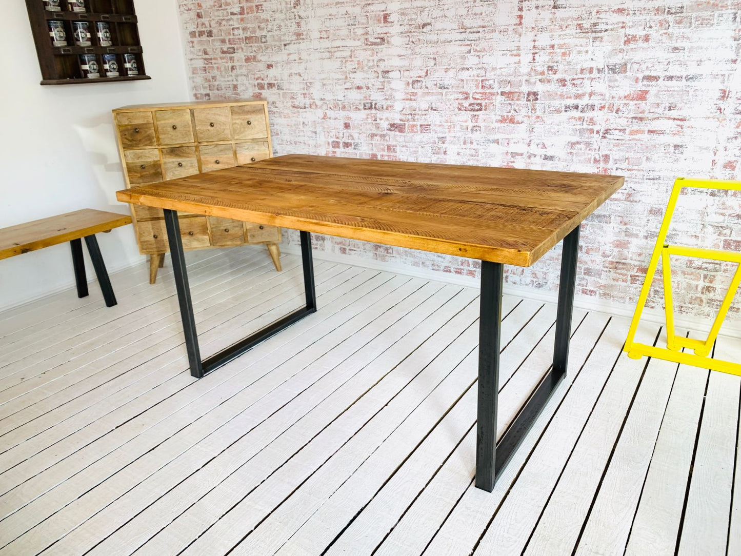 Square Frame Rustic Pine Industrial Dining Table / Bench Sets - Any RAL Colour or Steel Finish