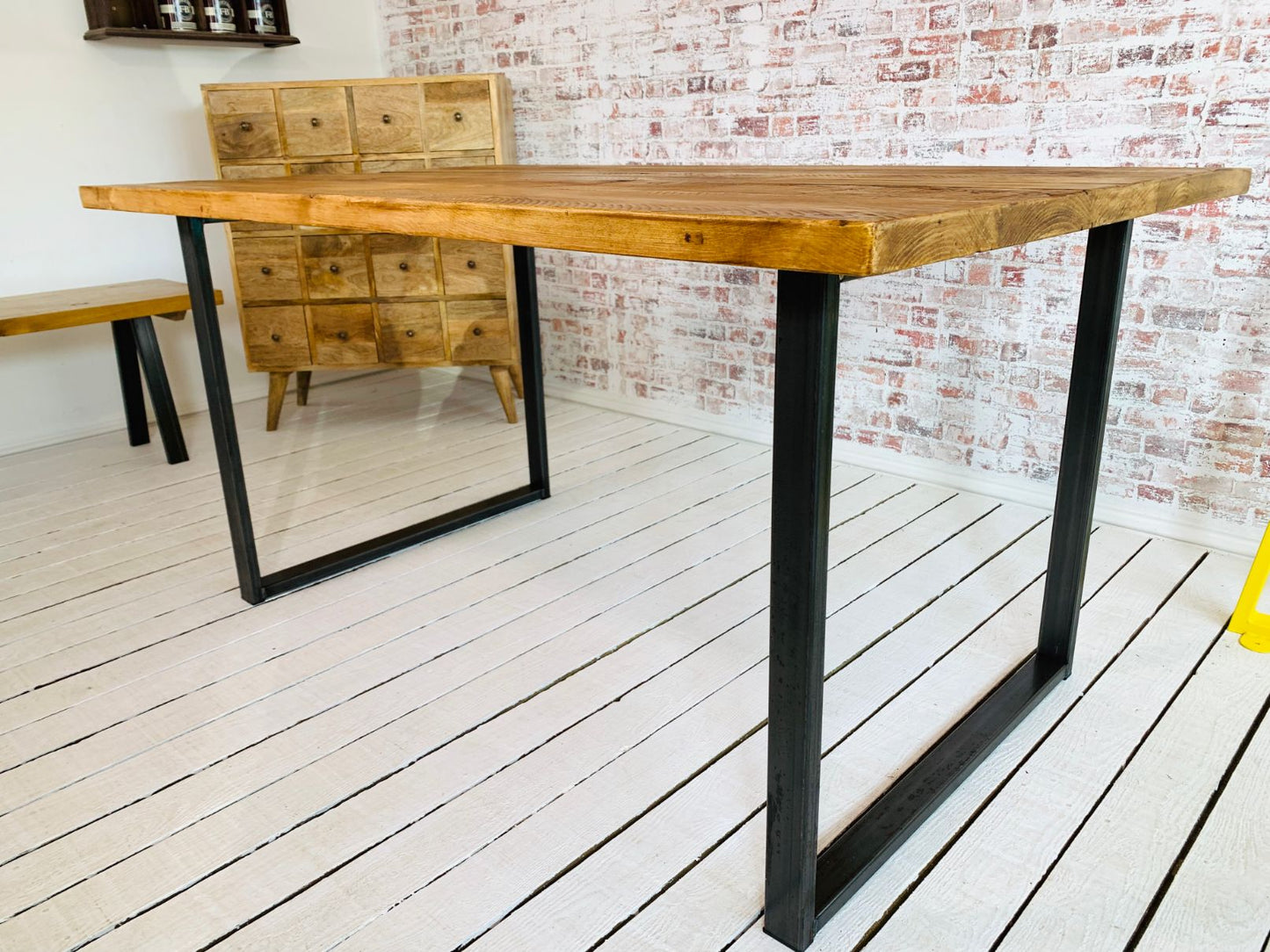 Square Frame Rustic Pine Industrial Dining Table / Bench Sets - Any RAL Colour or Steel Finish
