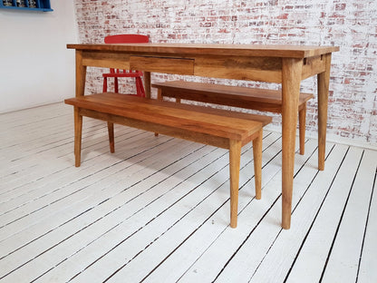 Mid-Century Modern Extending Hardwood Dining Table & Bench Set