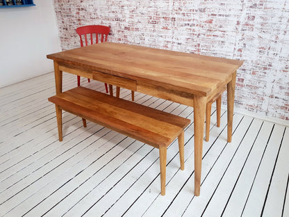 Mid-Century Modern Extending Hardwood Dining Table & Bench Set