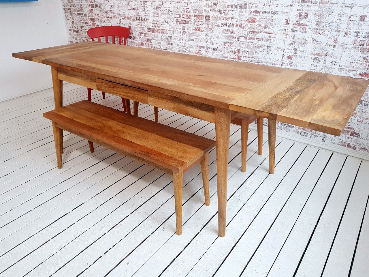 Mid-Century Modern Extending Hardwood Dining Table & Bench Set