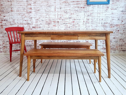 Mid-Century Modern Extending Hardwood Dining Table & Bench Set