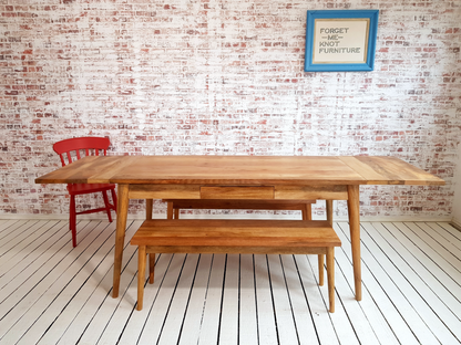 Mid-Century Modern Extending Hardwood Dining Table & Bench Set