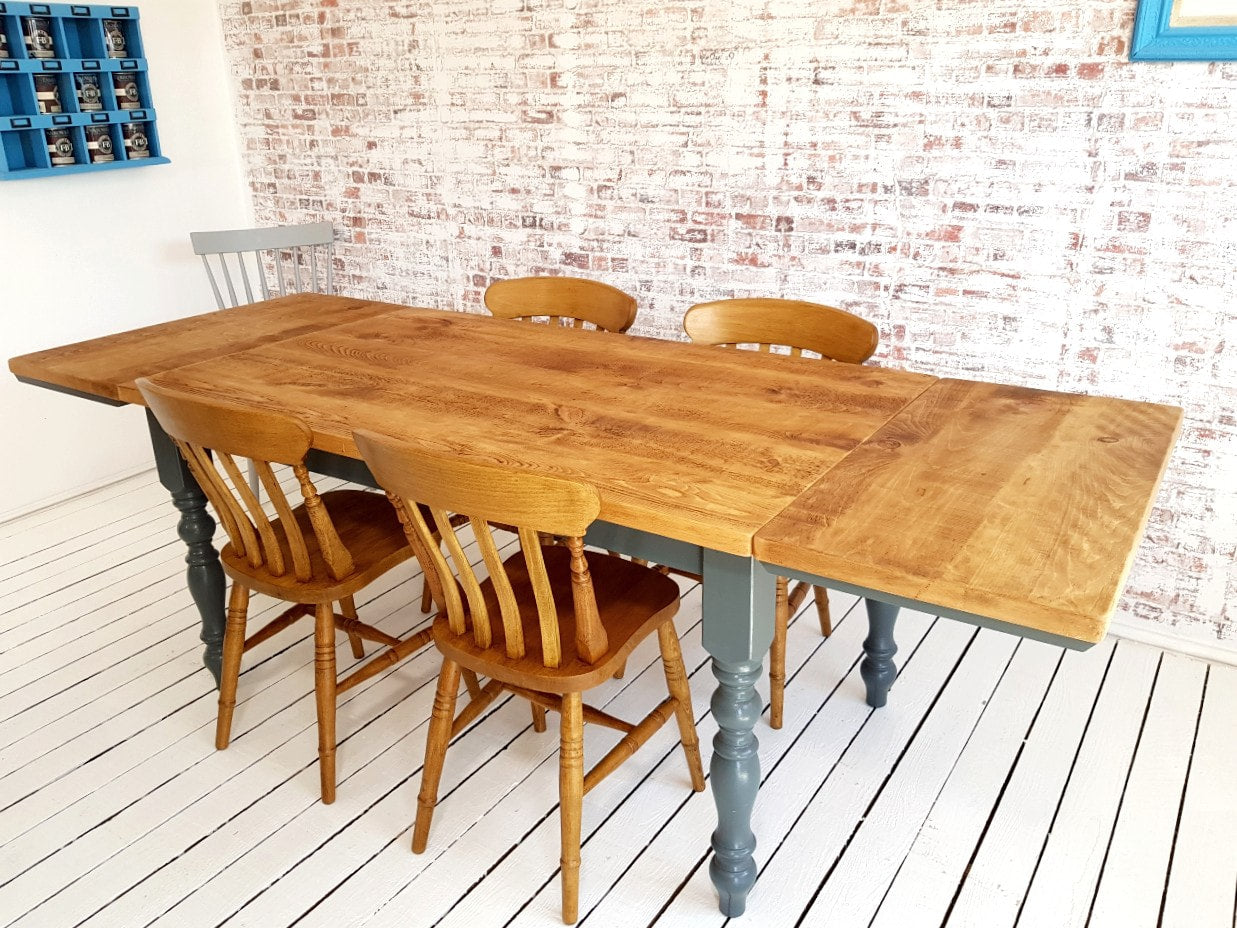 Extending Traditional Rustic Farmhouse Reclaimed Style Pine Kitchen Dining Table - Any Size, Any Colour!
