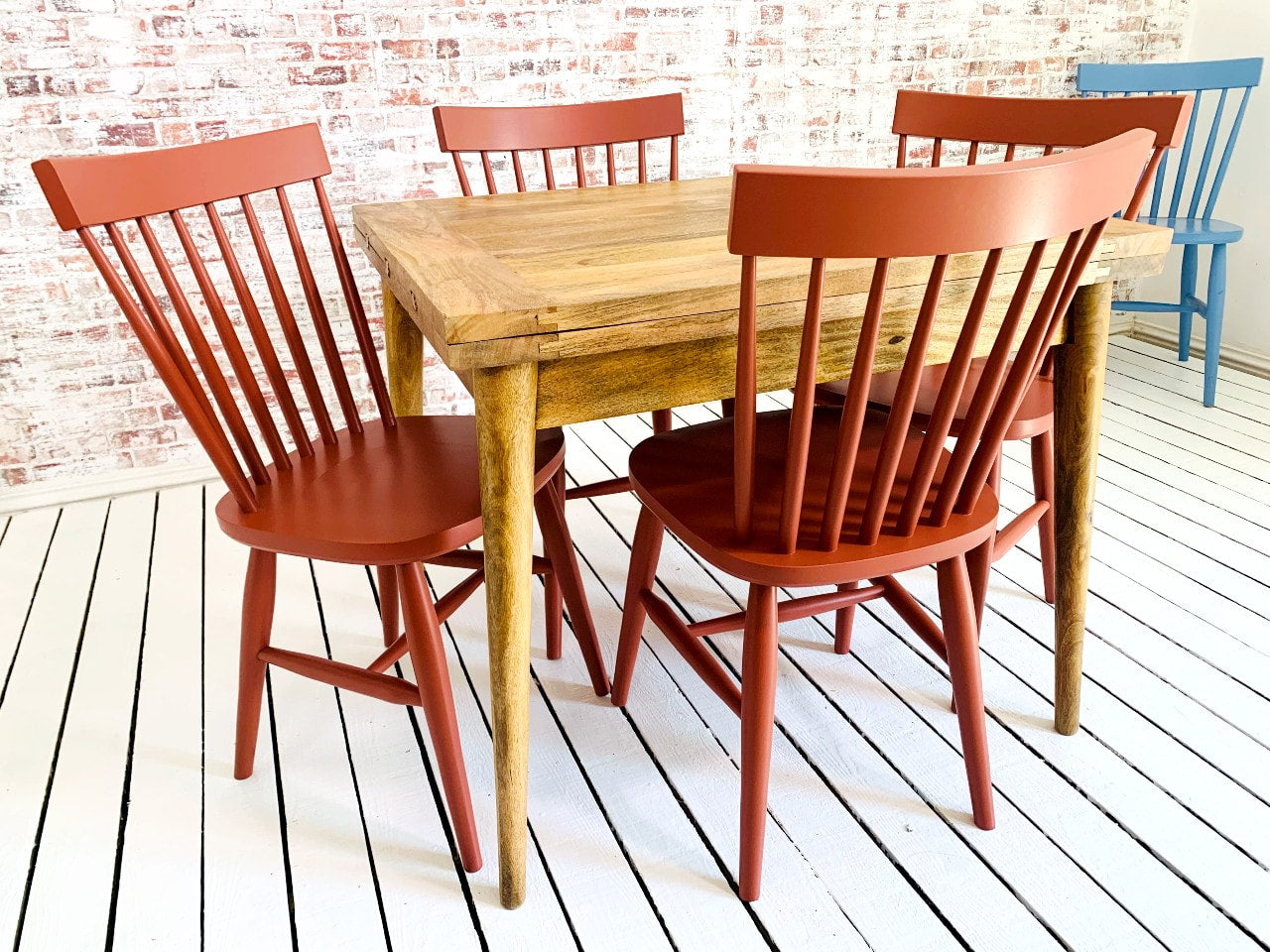 Extendable Mid-Century Rustic Modern Folding Dining Table and Painted Spindle Chair Dining Set