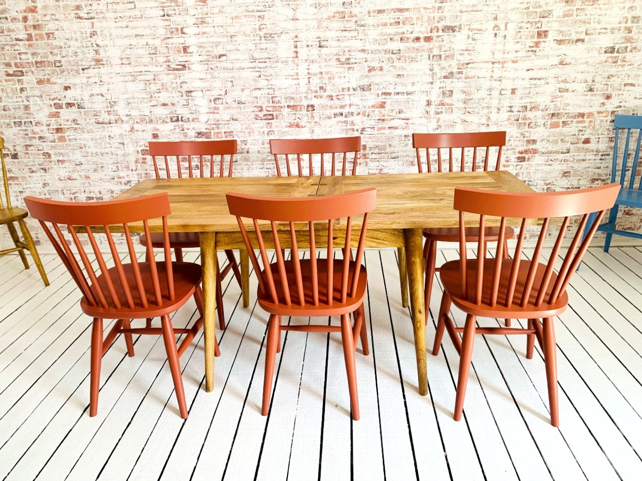 Extendable Mid-Century Rustic Modern Folding Dining Table and Painted Spindle Chair Dining Set