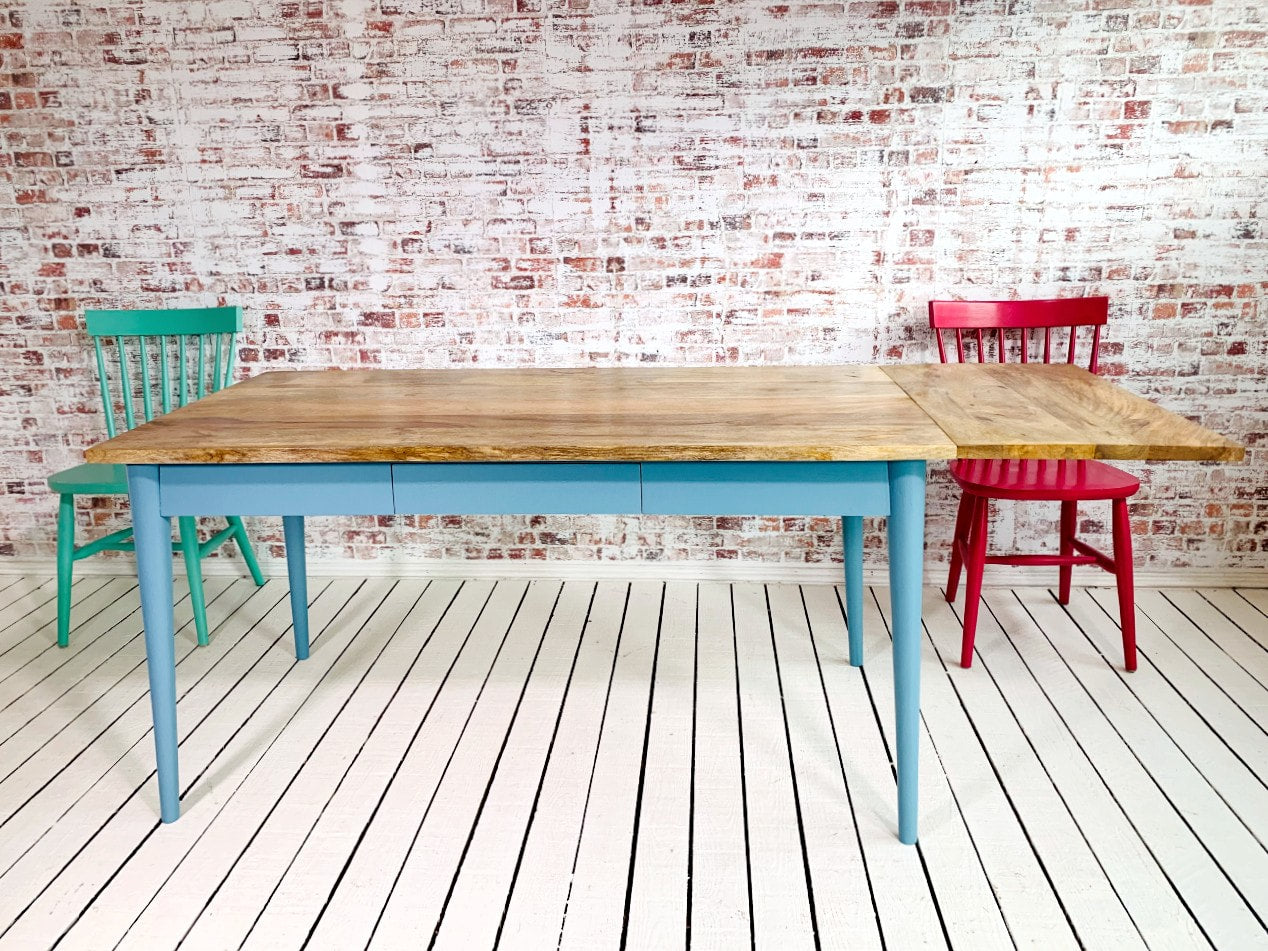 Extending Mid-Century Dining Table with Nordic Chairs and Benches Painted Finish