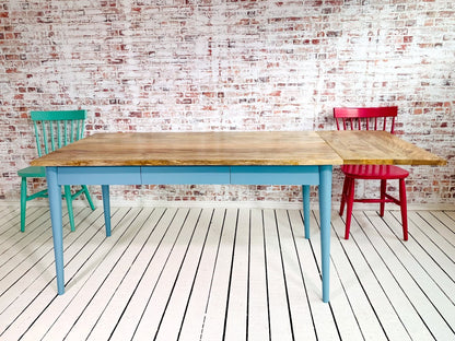 Extending Mid-Century Dining Table with Nordic Chairs and Benches Painted Finish