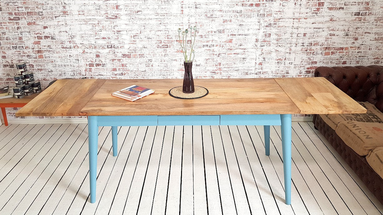 Extending Mid-Century Dining Table with Nordic Chairs and Benches Painted Finish