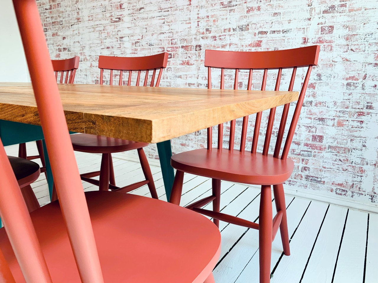 Extendable Mid-Century Folding Dining Table and Spindle Chair Dining Set Painted Finish