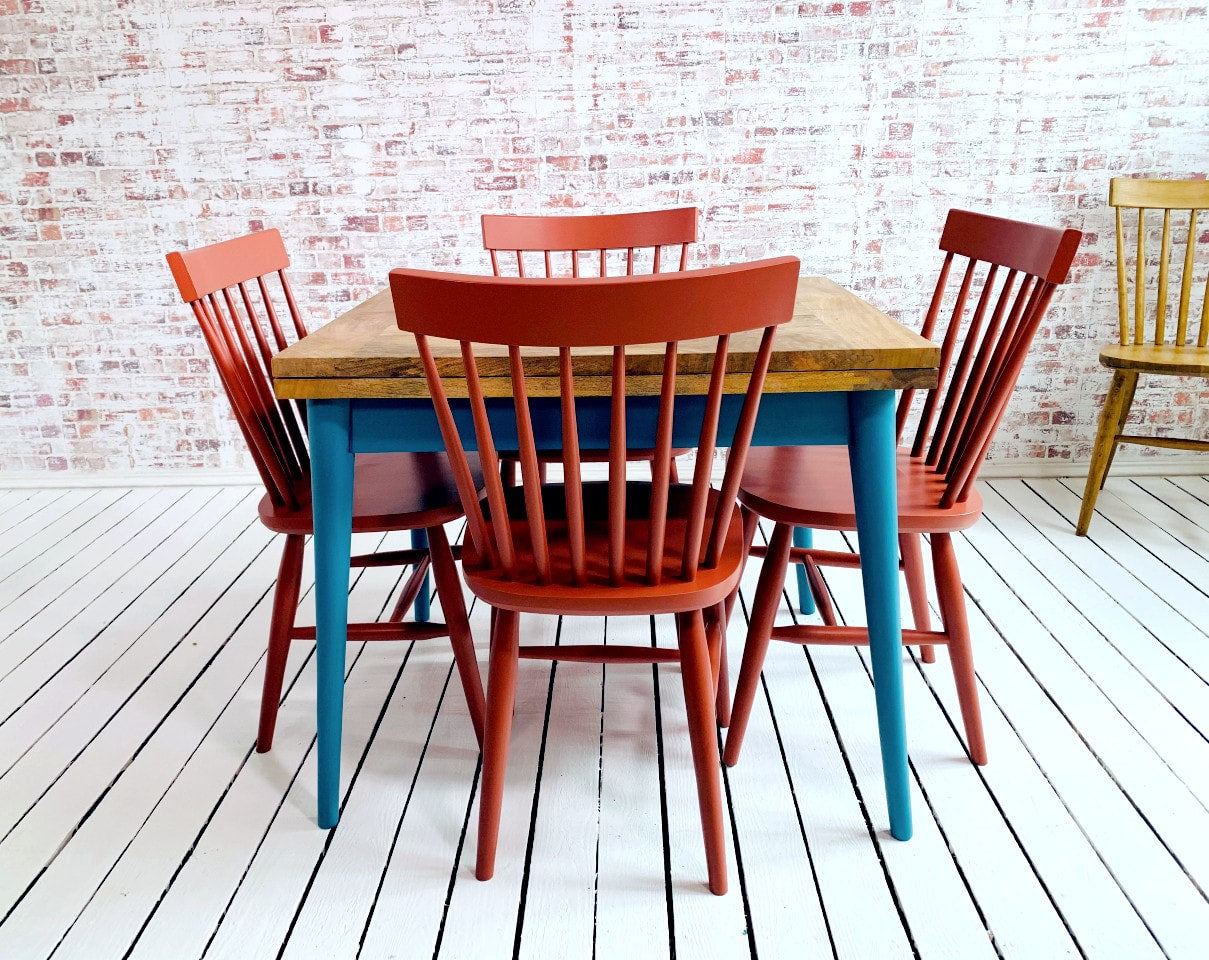Extendable Mid-Century Folding Dining Table and Spindle Chair Dining Set Painted Finish