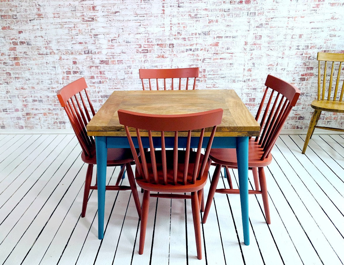 Extendable Mid-Century Folding Dining Table and Spindle Chair Dining Set Painted Finish