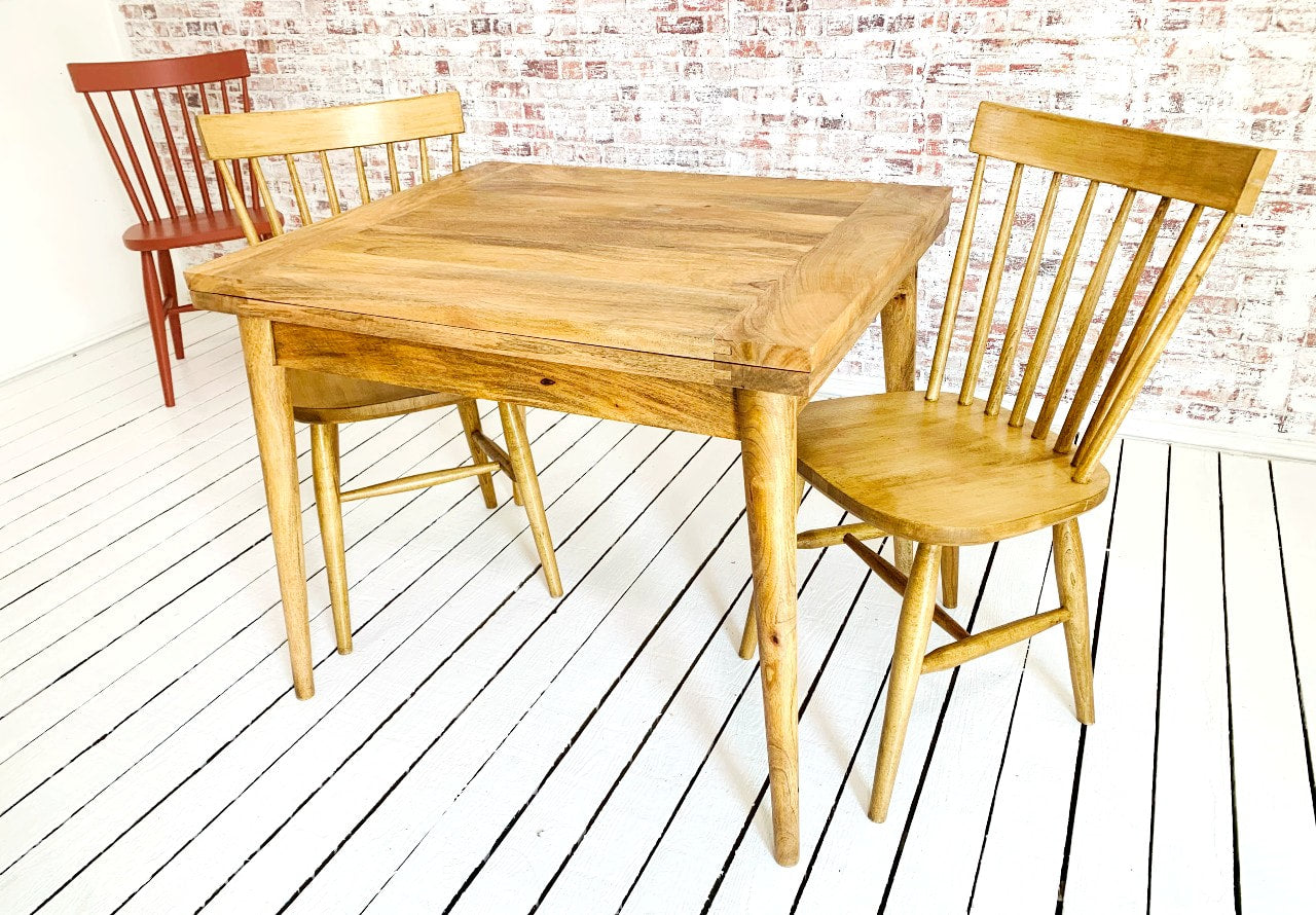 Natural Wood Extendable Rustic Modern Mid-Century Folding Dining Table and Nordic Chairs