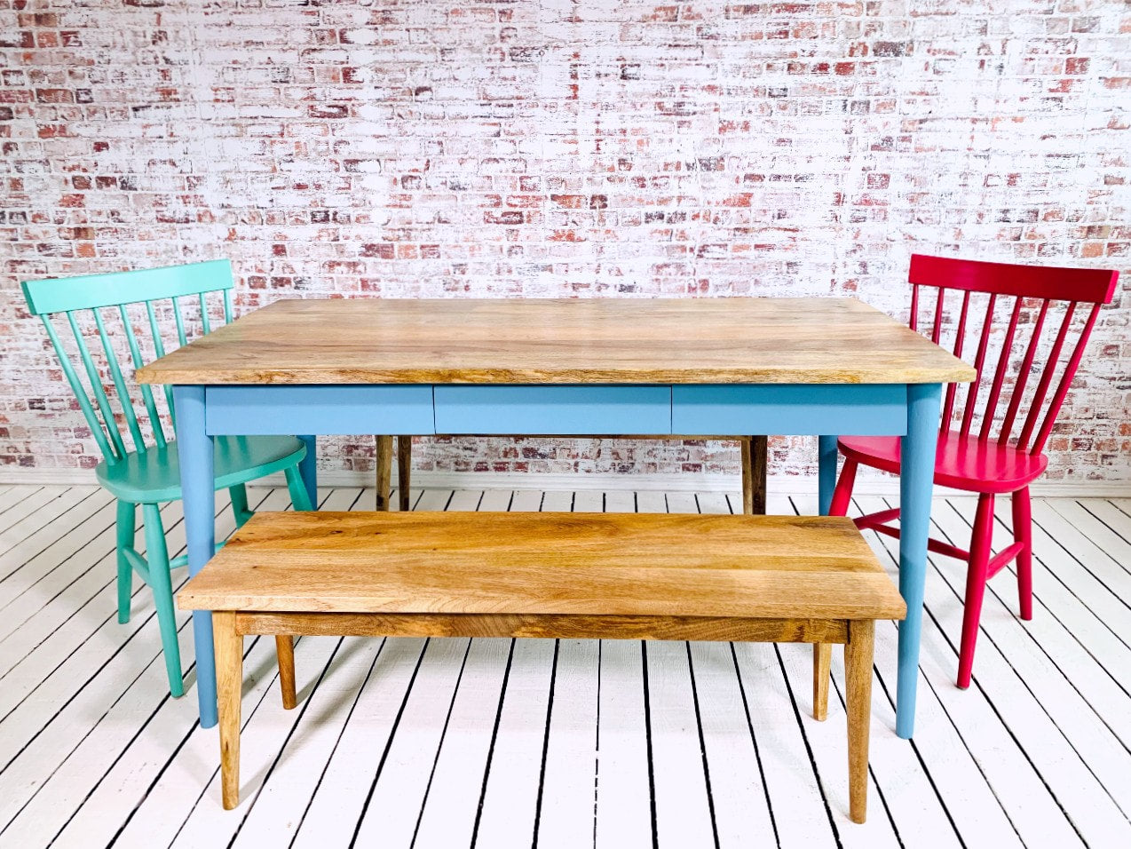 Extending Mid-Century Dining Table with Nordic Chairs and Benches Painted Finish