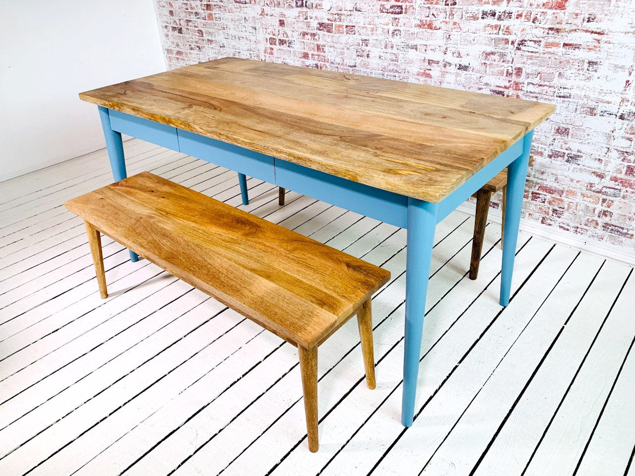 Extending Mid-Century Dining Table with Nordic Chairs and Benches Painted Finish