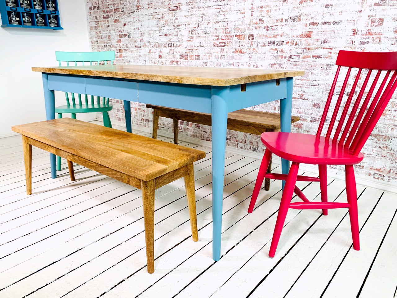 Extending Mid-Century Dining Table with Nordic Chairs and Benches Painted Finish