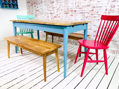 Extending Mid-Century Dining Table with Nordic Chairs and Benches Painted Finish