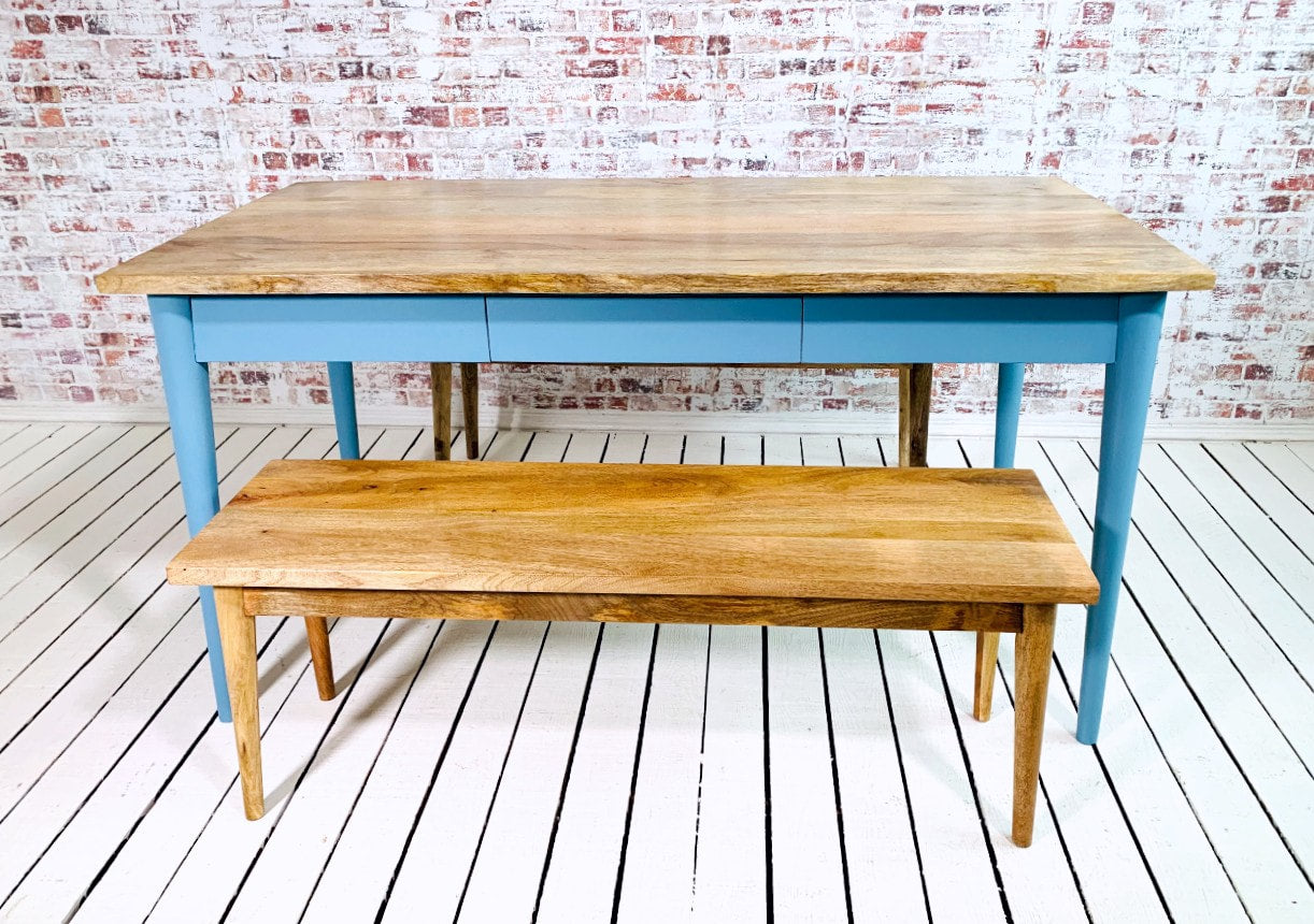 Extending Mid-Century Dining Table with Nordic Chairs and Benches Painted Finish