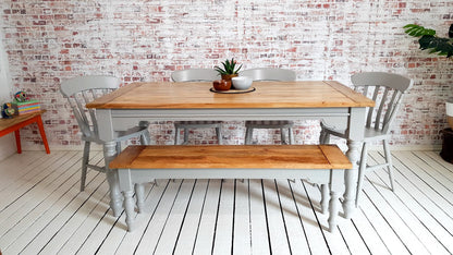 Extendable Traditional Farmhouse Dining Table Set with Turned Legs and Slat Back Chairs Bench