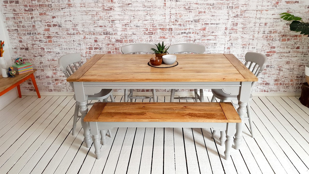 Extendable Traditional Farmhouse Dining Table Set with Turned Legs and Slat Back Chairs Bench