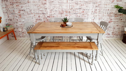 Extendable Traditional Farmhouse Dining Table Set with Turned Legs and Slat Back Chairs Bench