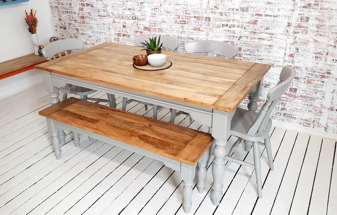 Extendable Traditional Farmhouse Dining Table Set with Turned Legs and Slat Back Chairs Bench