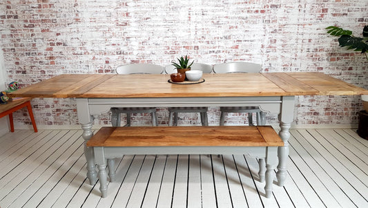 Extendable Traditional Farmhouse Dining Table Set with Turned Legs and Slat Back Chairs Bench