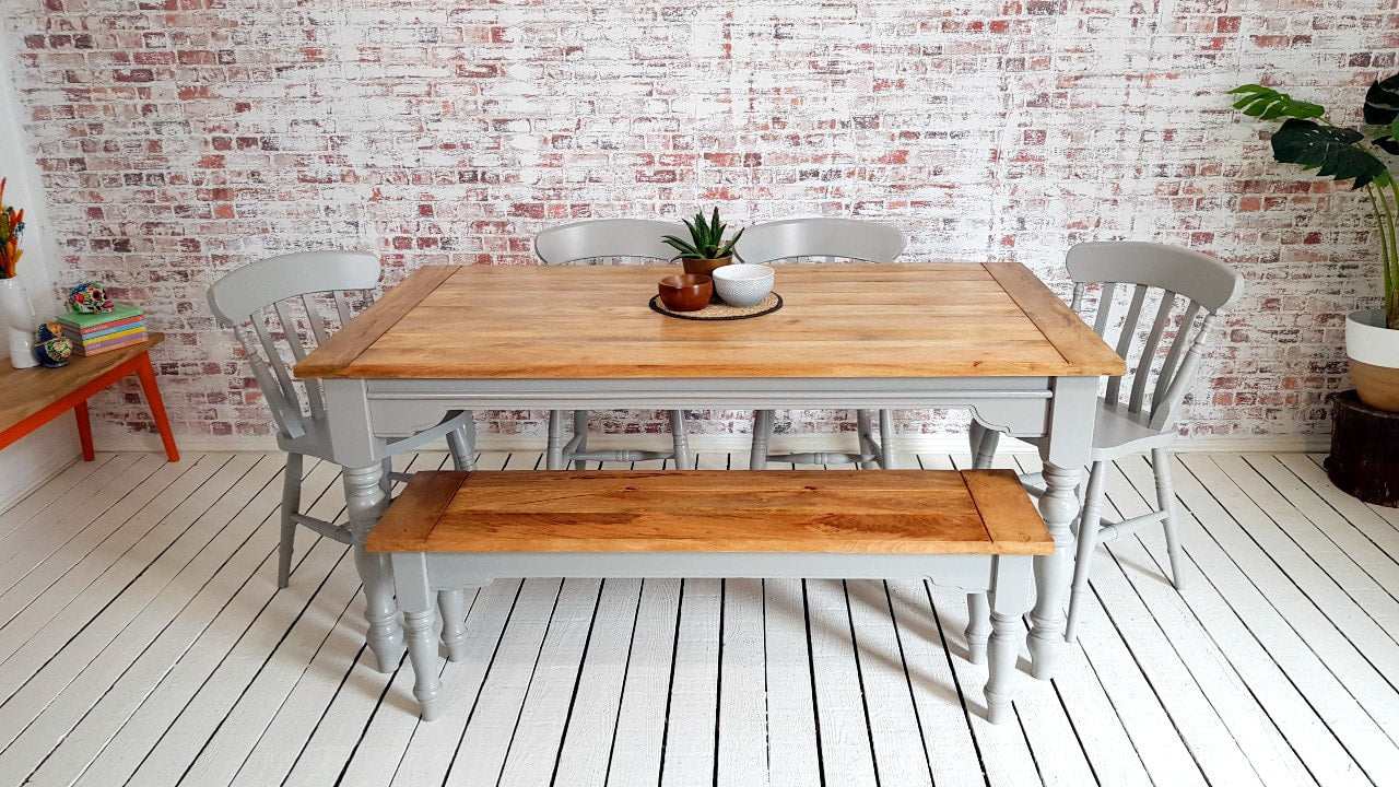 Extendable Traditional Farmhouse Dining Table Set with Turned Legs and Slat Back Chairs Bench