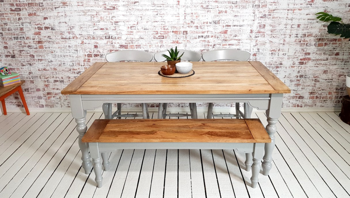 Extendable Traditional Farmhouse Dining Table Set with Turned Legs and Slat Back Chairs Bench