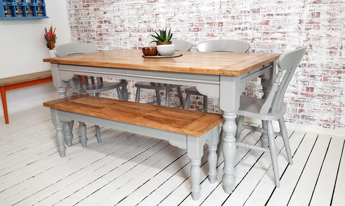 Extendable Traditional Farmhouse Dining Table Set with Turned Legs and Slat Back Chairs Bench