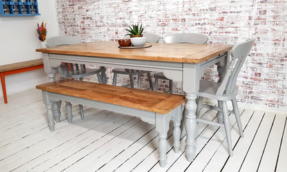 Extendable Traditional Farmhouse Dining Table Set with Turned Legs and Slat Back Chairs Bench