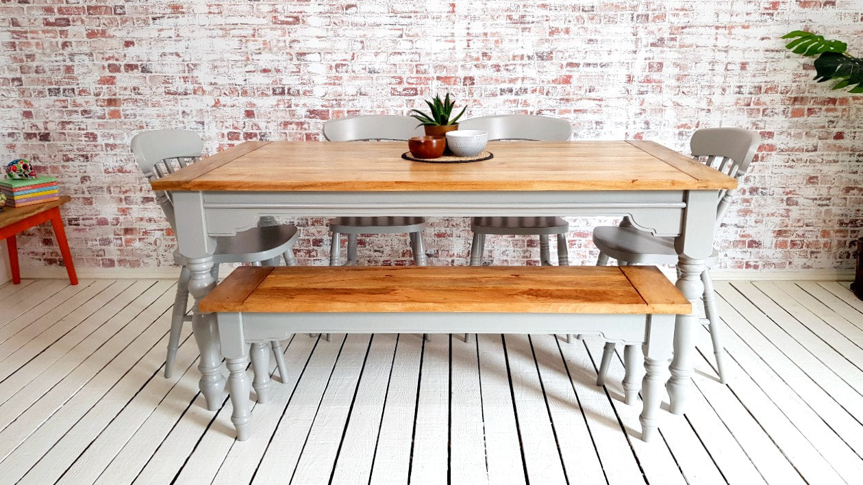 Extendable Traditional Farmhouse Dining Table Set with Turned Legs and Slat Back Chairs Bench