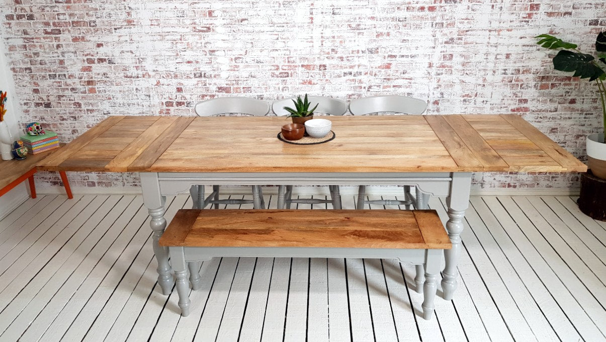 Extendable Traditional Farmhouse Dining Table Set with Turned Legs and Slat Back Chairs Bench