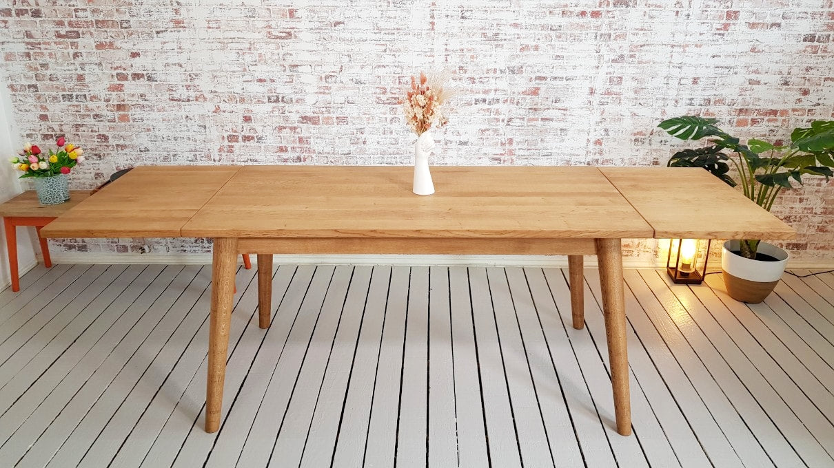 Antique Oak Extending Mid-Century Modern Dining Table