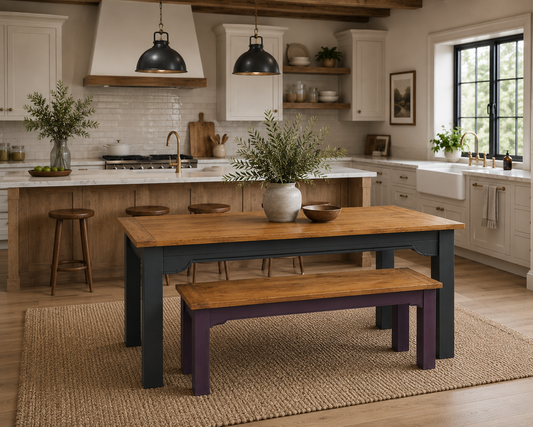 Extendable Traditional Farmhouse Dining Table and Bench Set with Square Legs
