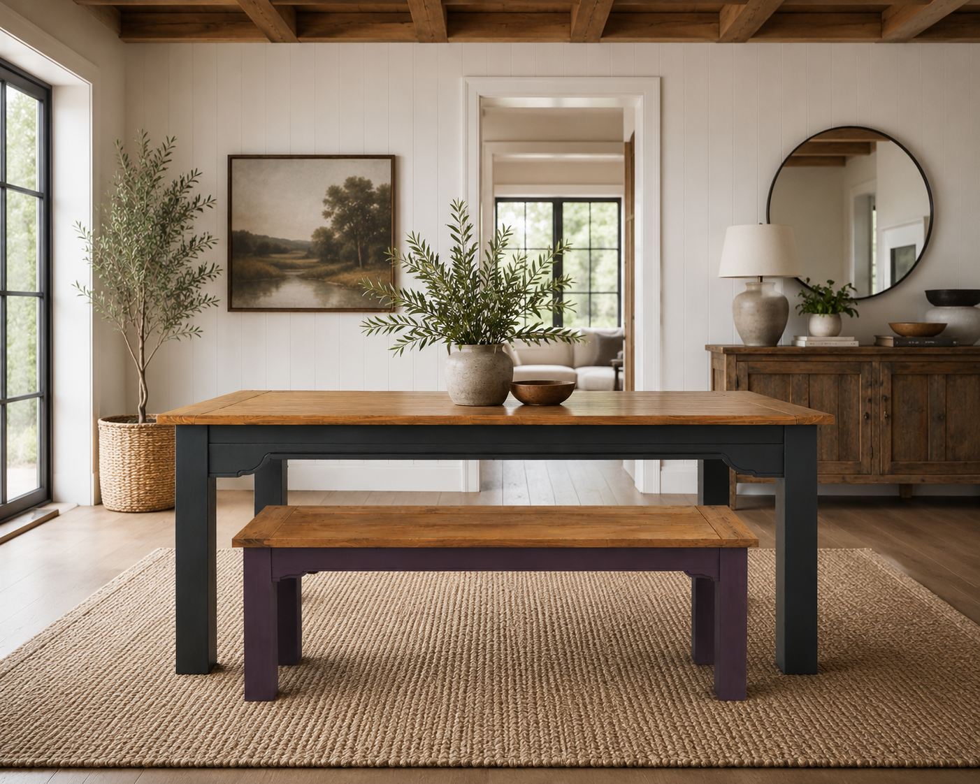 Extendable Traditional Farmhouse Dining Table and Bench Set with Square Legs