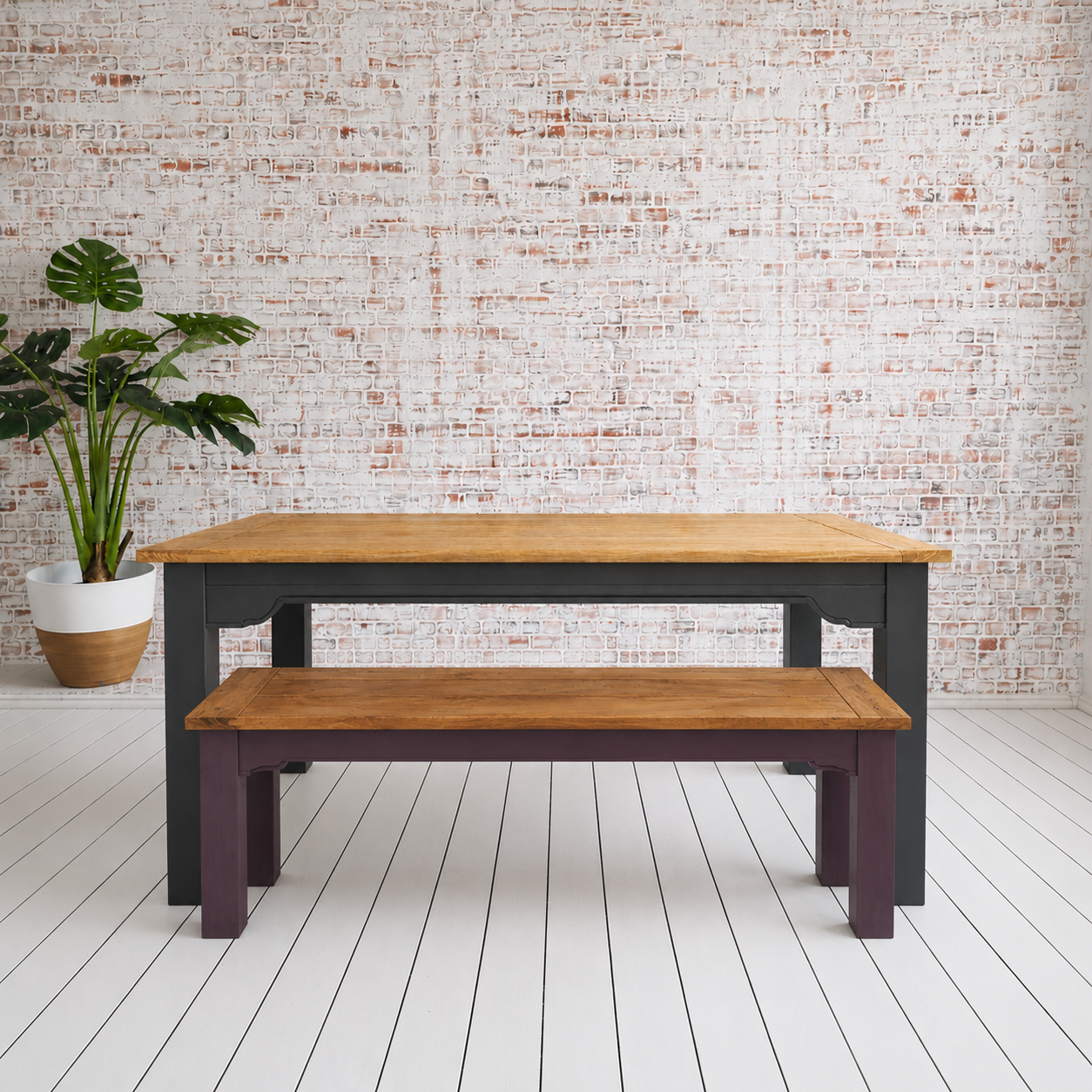 Extendable Traditional Farmhouse Dining Table and Bench Set with Square Legs