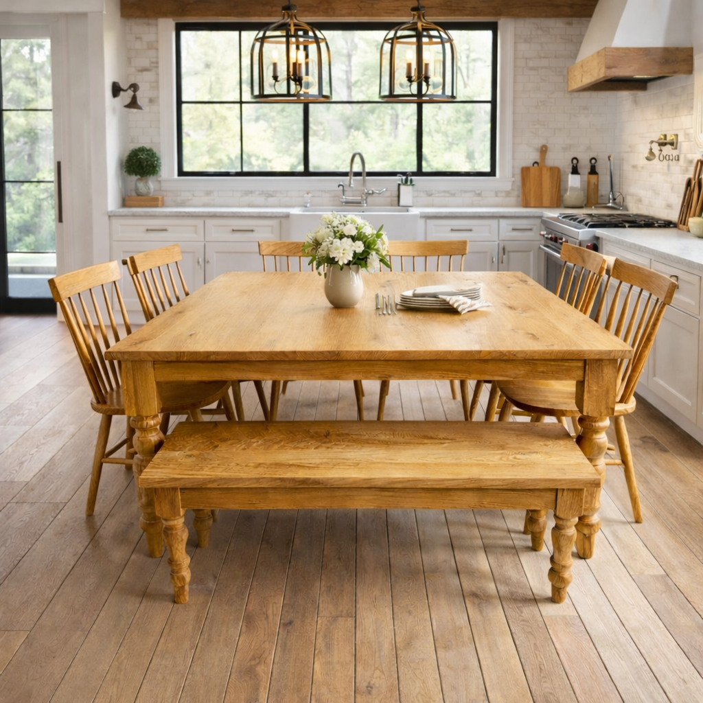Large Square Oak Dining Set with Benches and Chairs