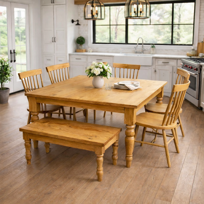 Large Square Oak Dining Set with Benches and Chairs