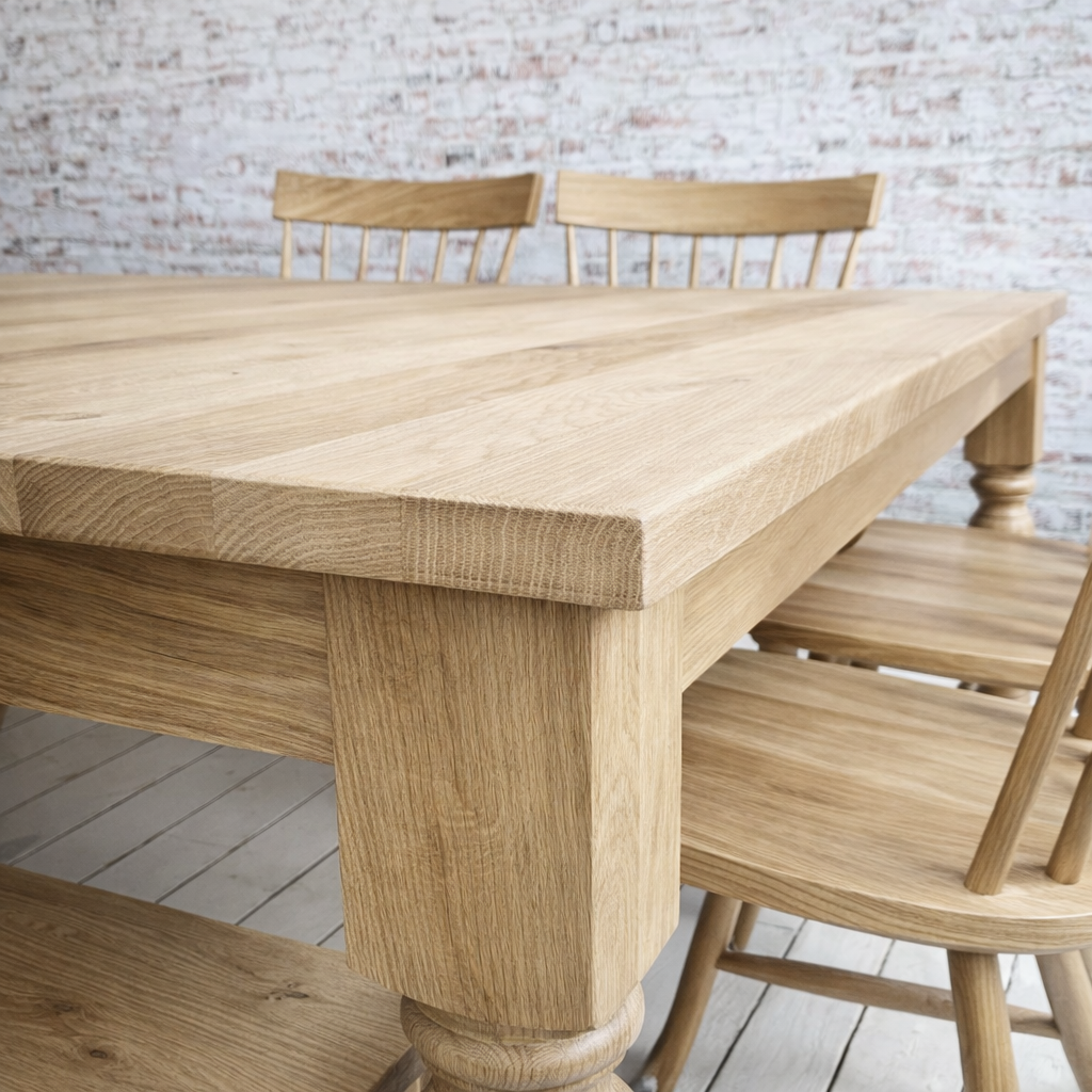 Large Square Oak Dining Set with Benches and Chairs