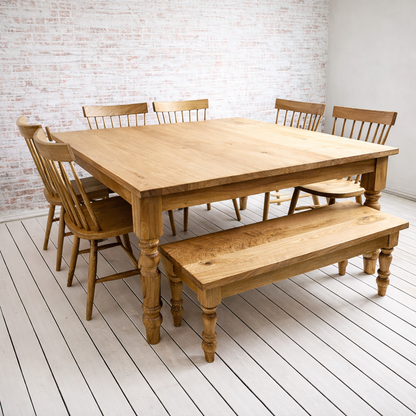 Large Square Oak Dining Set with Benches and Chairs