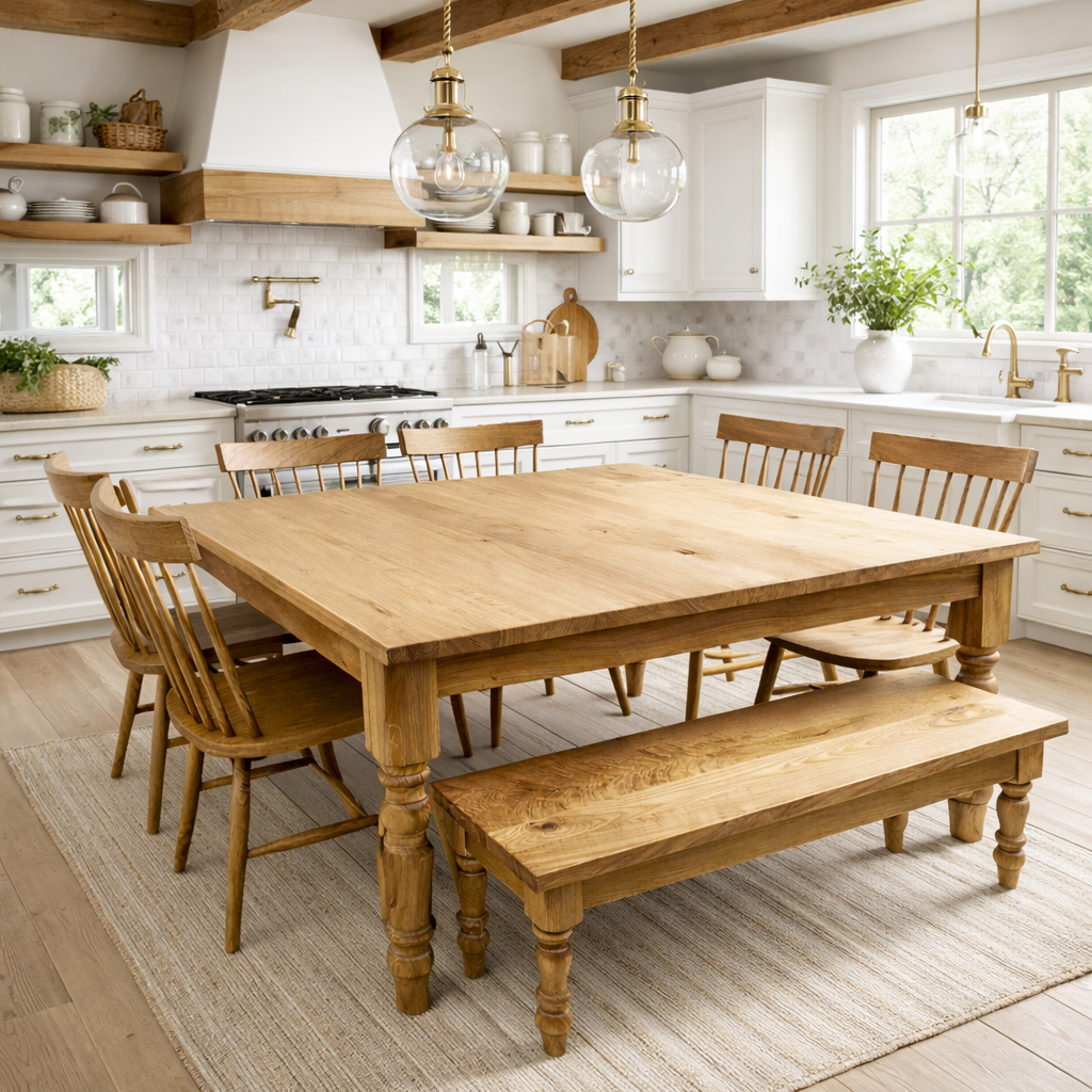 Large Square Oak Dining Set with Benches and Chairs