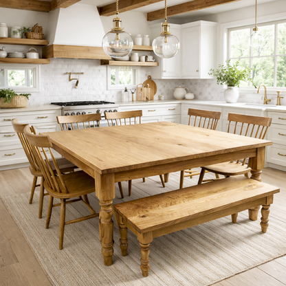 Large Square Oak Dining Set with Benches and Chairs