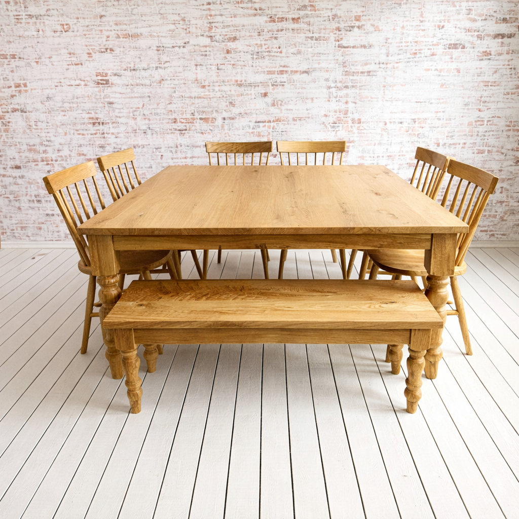 Large Square Oak Dining Set with Benches and Chairs