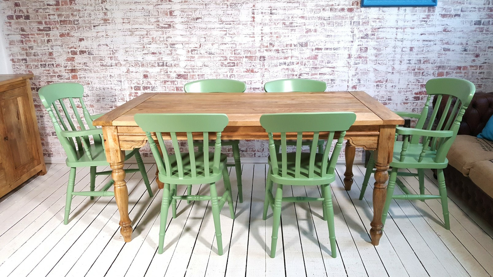 Large Rustic Extending Kitchen Dining Table Set With Turned Legs Painted Chairs