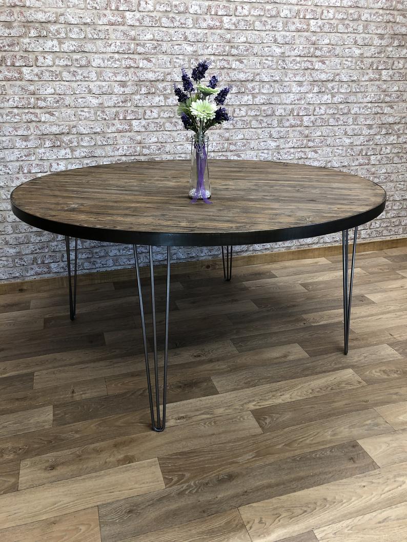 Large Round Industrial Hairpin Rustic Wood Dining Table